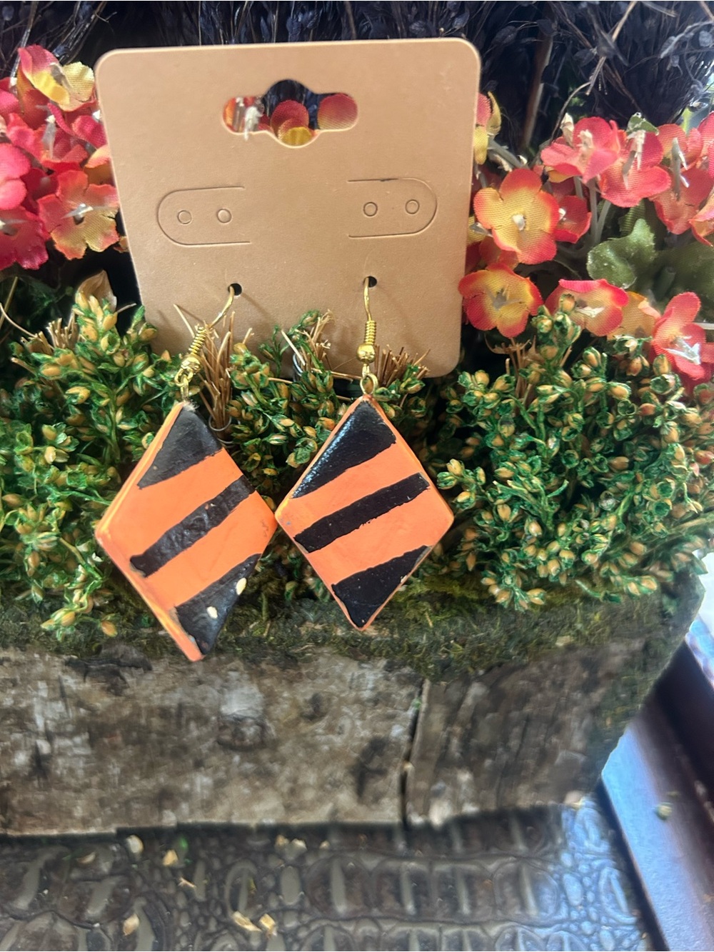 Handmade Orange and Black Striped Diamond Earrings